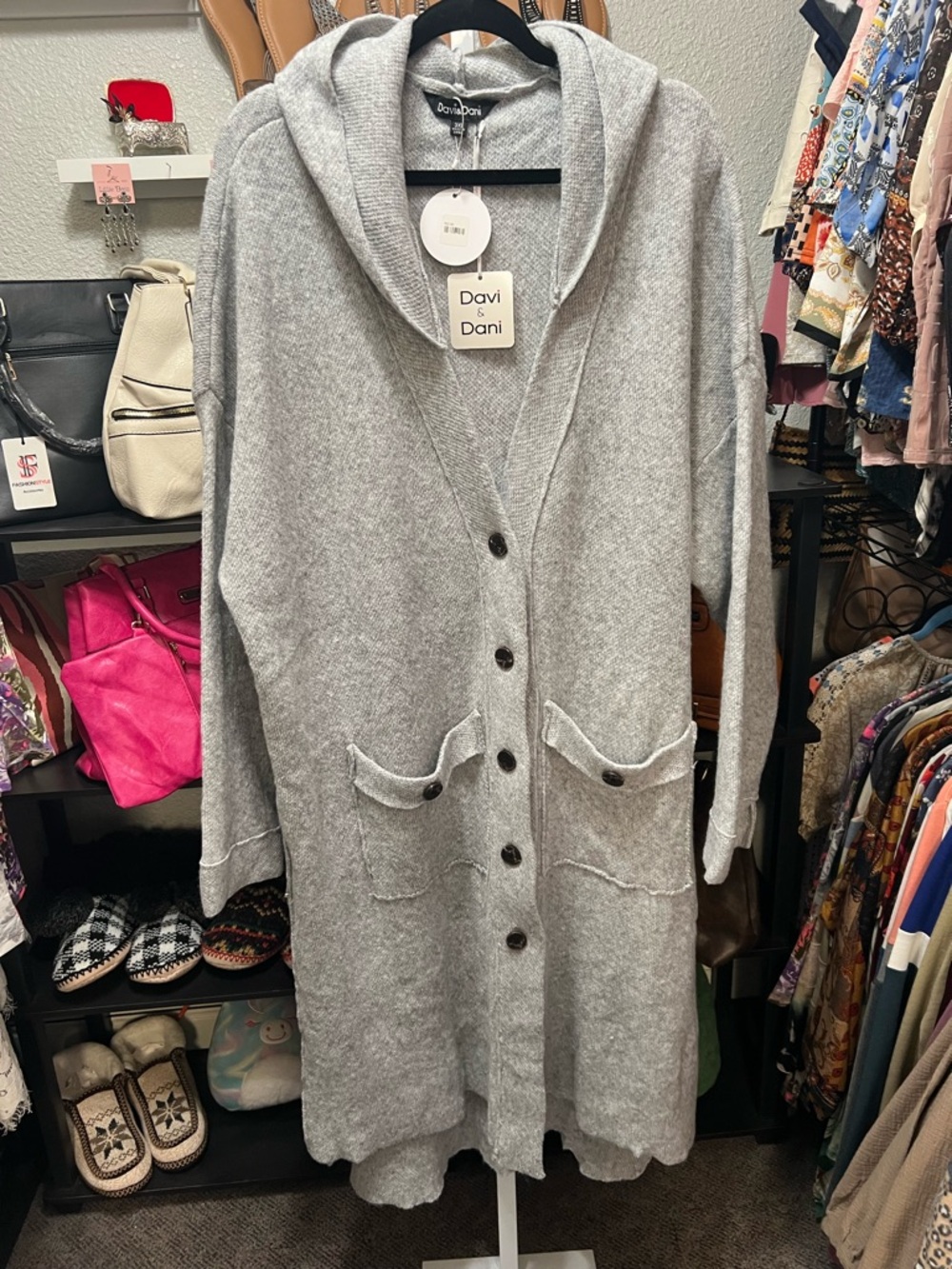 DAVI & DANI Gray Hooded Long Button-Front Cardigan